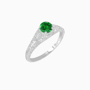 Vintage-Inspired Round Cut Ring with Tapered Diamond Accents and Hand-Engraved Details - Shahin Jewelry